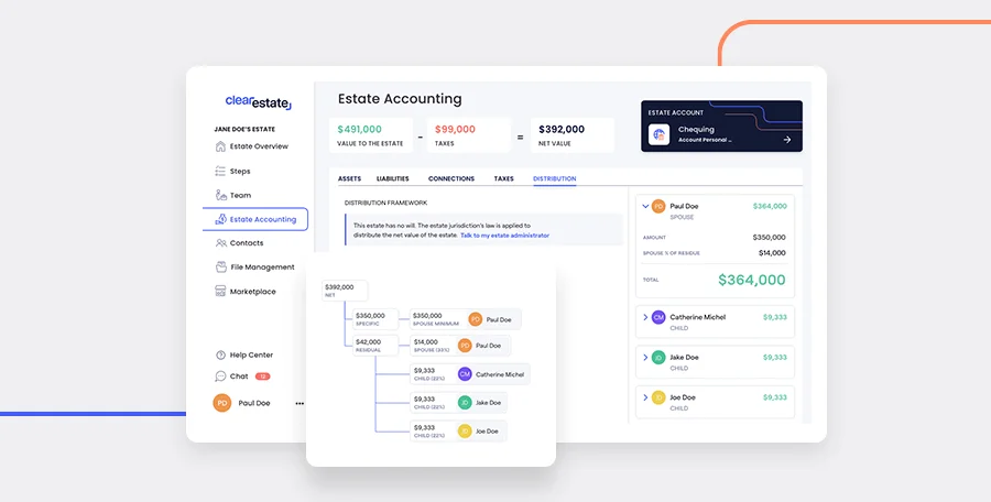Clear Estate’s dashboard with a visual representation of your estate’s distribution plan.